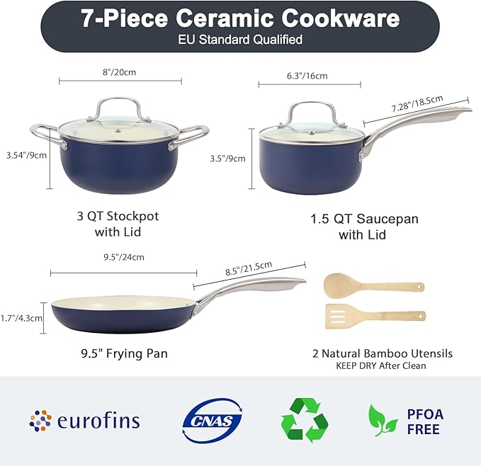 Pots and Pans Set 7 Piece Nonstick Ceramic Cookware Set Kitchen Induction Cookware Sets Pots and Pans Non Stick with Oven Safe Handle 100% PFOA Free Blue
