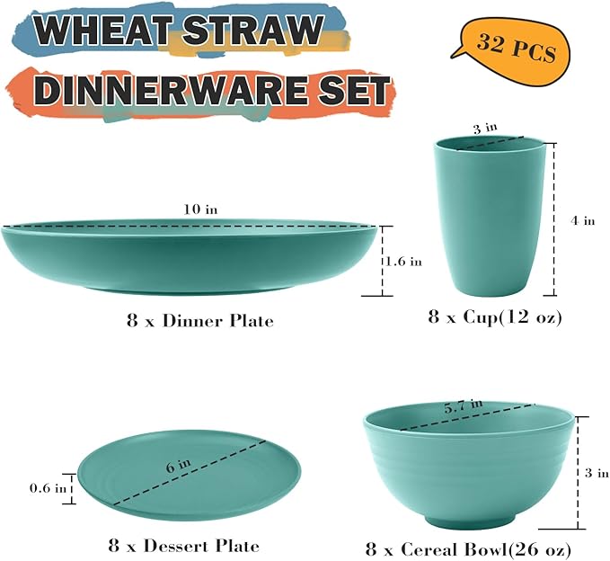 Wheat Straw Dinnerware Sets 32 PCS Dishes Set for 8 Unbreakable Plates and Bowls Sets Microwave Safe Dinnerware Set for Kitchen Outdoor Camping RV - Green