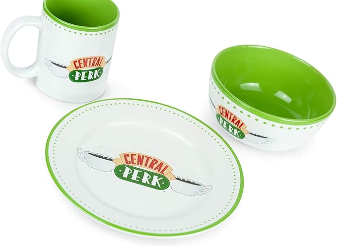 Friends Central Perk Coffee House Themed Dinnerware Dining Set | Official Friends Collectible Ceramic Display | Includes Plate Bowl And Mug | 3-Piece Set