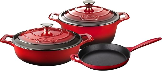 La Cuisine LC 2600 5 Piece Enameled Cast Iron Round Casserole Cookware Set Red