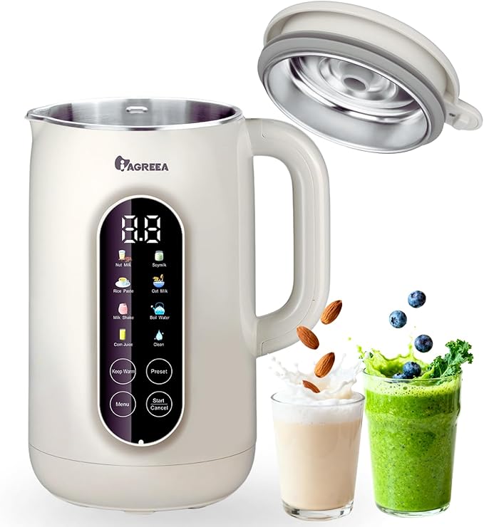 IAGREEA 10-in-1 Nut Milk Maker Machine 304 Stainless Steel Lid BPA Free 35oz Soy Milk Maker for Homemade Milkshake/Nut/Oat/Plant-Based Drink 10 Blades Blenders with Delay Start/Boil Water/Self Clean