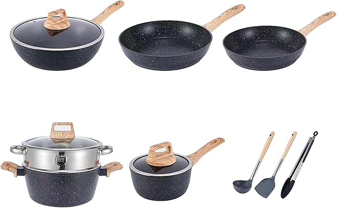 10 Piece Nonstick Cookware Set Frying Pan Saucepan Saute Pan Steam Rack Sturdy Scratch Resistant Coating Even Heat Distribution Modern Design for Home Cooks (Black)