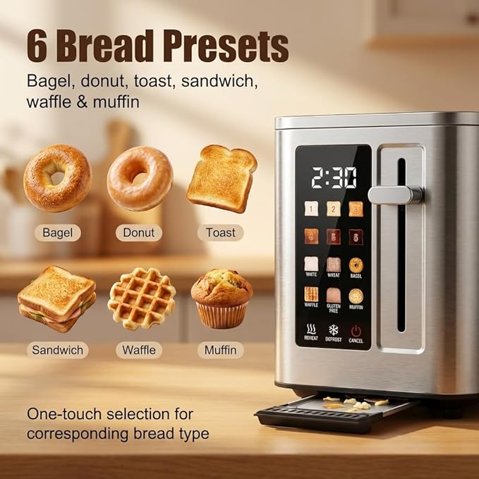 Touch Screen Toaster 2 Slice Digital Stainless Steel Bread Toaster with Timer 1.5'' Wide Slot 6 Shade Settings &amp 6 Bread Types Bagel Defrost Reheat Cancel Functions