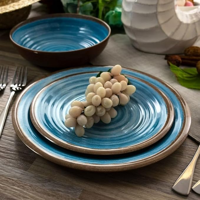 12 Piece Lightweight Melamine Dinnerware Set – Shatter-Resistant Dish Set for 4 with Plates and Bowls – Outdoor &amp Indoor Unbreakable Dinnerware (Blue)