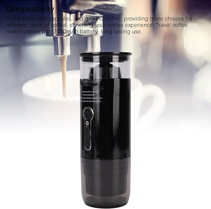 Yosoo Portable Electric Coffee Machine 15 Bar Pressure Cordless Heating Automatic Coffee Maker Compatible with Capsules Ground Coffee for Travel Hiking Camping Office