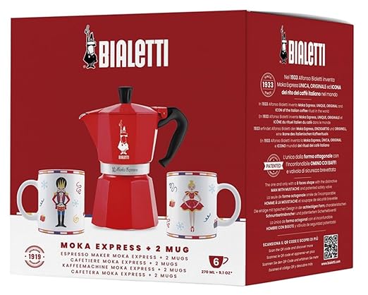 Bialetti Moka Express Iconic Italian Stovetop Espresso Maker (Red 6 Cups Bundle)