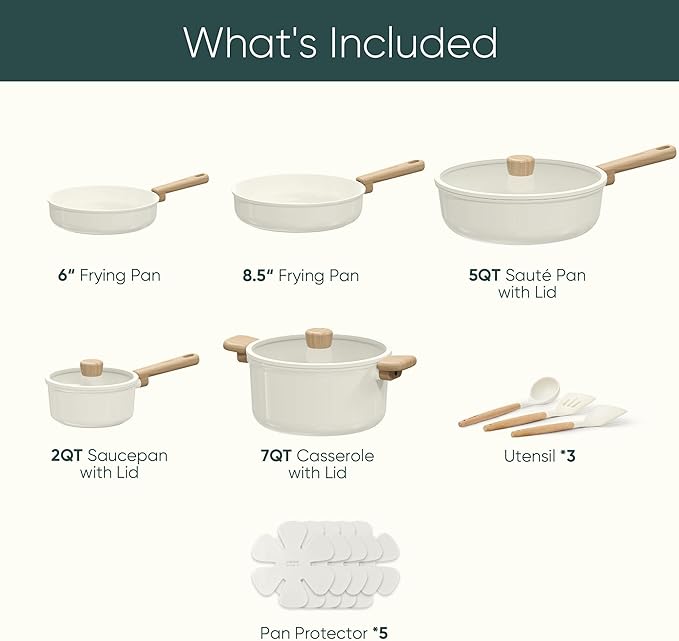 CAROTE 16pcs Ceramic Cookware Sets Pots and Pans Set Non Stick Healthy Cookware Set Induction Kitchen Pots and Pans PFAS/PFOA Free