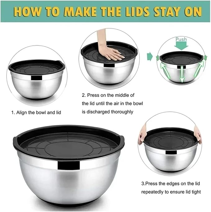 Silicone Bottom Thickened With Lid Cooking Basin Non Slip Salad Mixing Stainless Steel Egg Beating Bowls Kitchen Tools(18 cm black)