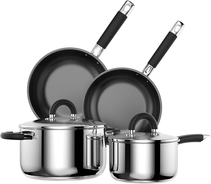 Pots and Pans Set Non Stick Stainless Steel Cookware Set of 6 Frying Pans 5 Ply Base Dishwasher Safe