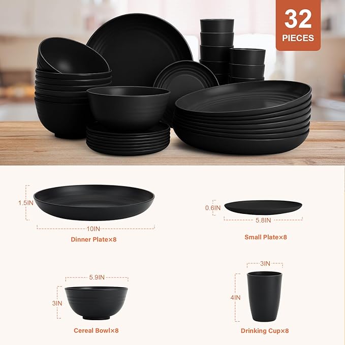 Wheat Straw Dinnerware Sets for 8Plastic Plates and Bowls Sets 32-Piece Unbreakable &amp Lightweight Dish Set Camping Plates Cereal Bowls Cup Sets for Kitchen Apartment Essentials - Black