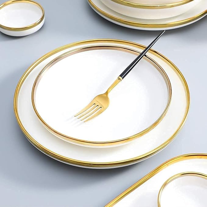 Dinnerware Sets - Luxury Gift Dishes Service Set Dinnerware Sets Service for 2/4/6 Kitchen Plates and Bowls Sets White Luxury Bone China Tableware Nordic Gold Porcelain Dish Set(26Pcs)