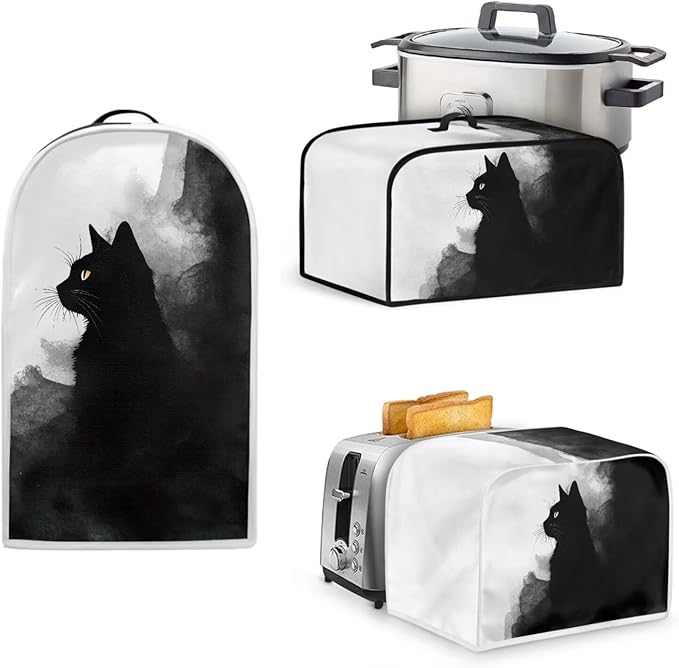 Ink Painting Black Cat Toaster Covers 4 Slice Wide Slot3Pcs Set Christmas Bread Machine Cover Slow Cookers Cover Blender Covers with Top Handle and Accessories Pocket Counter Decor