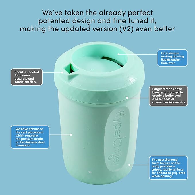 HyperChiller HC2M Patented Iced Coffee/Beverage Cooler NEW IMPROVEDSTRONGER AND MORE DURABLE! Ready in One Minute Reusable for Iced Tea Wine Spirits Alcohol Juice 12.5 Oz Mint Blue