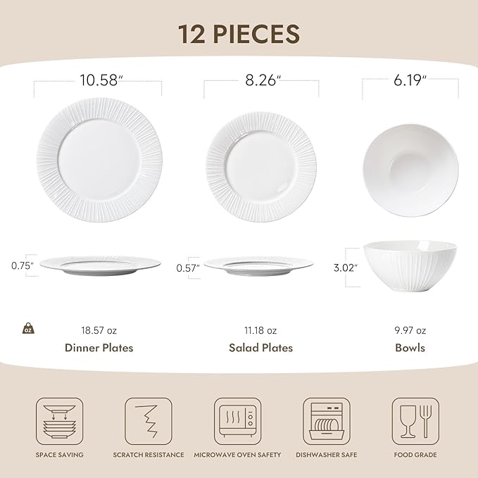 KINGSTONE Bone China Dinnerware Set 12-Piece White Lightweight Porcelain with Textured Design Service for 4 Plates Bowls for Family Dining Restaurants Gifting Microwave and Dishwasher Safe