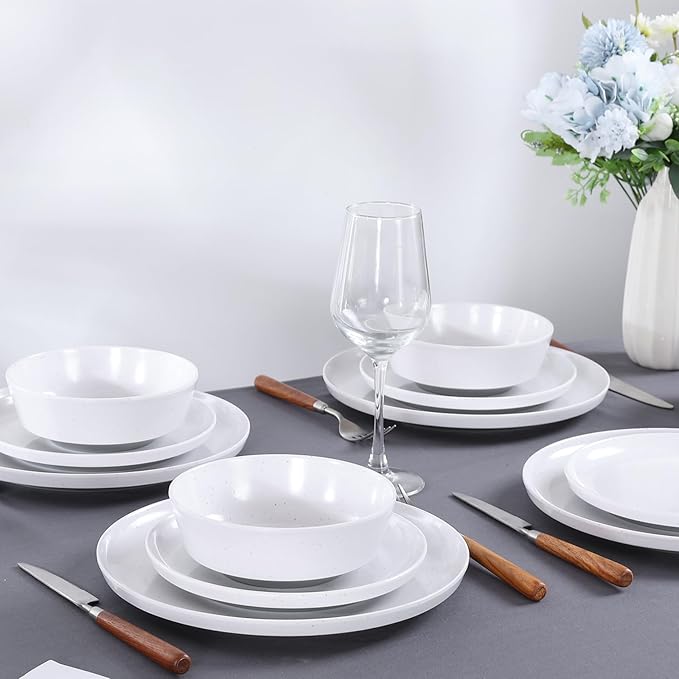 Webbylee 12-Piece Melamine Dinnerware Set for 4 – Unbreakable Plates &amp Bowls Lightweight Two-Tone White &amp Grey Ideal for Family Meals Camping Picnic Parties