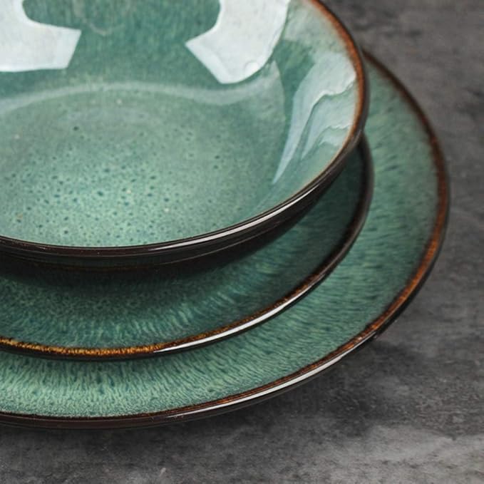 Polished Fine Dinnerware Set 5 Pieces Retro Porcelain Dishes Kiln Changing Glaze Process Green Glaze Peacock Pattern Plate Set