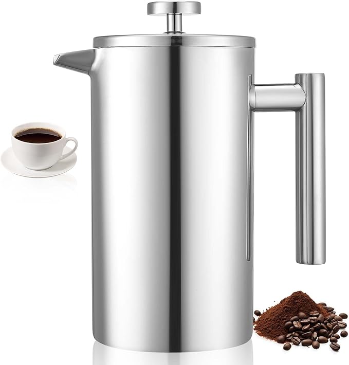 VEVOR French Press Coffee Maker 34 Ounce 1 Liter Stainless Steel Coffee Press Tea Maker with Filter Large Double Wall Insulated French Presses Cold Brew for Camping Travel Home Kitchen Silver