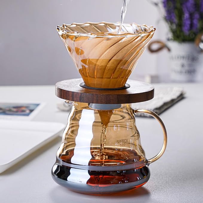 Pour Over Coffee Maker Set 500ML Glass Carafe Coffee Server with Dripper Set V60 Glass Coffee Filter with Wood Base for Home Office Gift 1-4 Cups