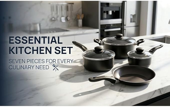 7-piece Non-stick Cooking Set with Covered Aluminum Cookware Complete Set of Pots Pans and Bowls Non-toxic and Healthy Safe for The Oven Heated By Induction Stove Black Set