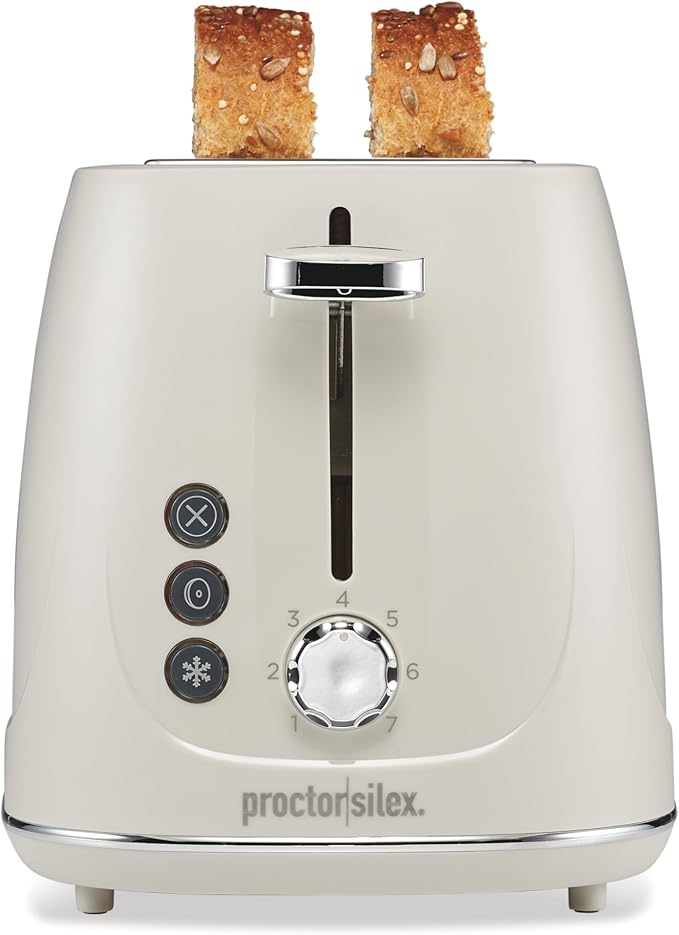 Proctor Silex Plastic 2 Slice Toaster Bagel Defrost &amp Cancel Buttons Browning Control With 7 Shades Auto Shutoff Slide-Out Crumb Tray Oat White (22660)