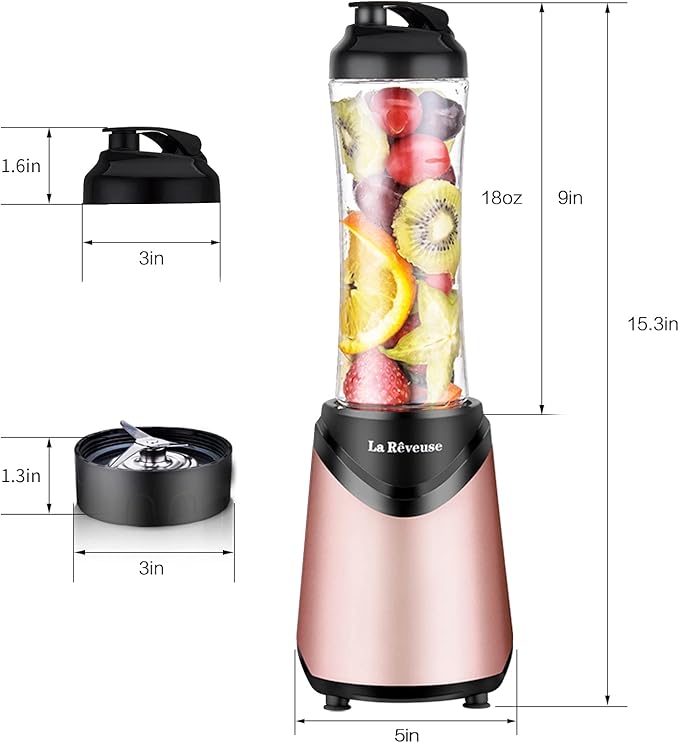 La Reveuse Smoothie Blender Personal Size 300 Watts with 2 Pieces 18 oz BPA-free Travel Sports BottlesPink