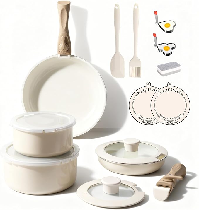 Heapsion 18-Piece Ceramic Nonstick Cookware Set PFAS/PFOA/PTFE-Free &amp Non-Toxic Pots and Pans Set with Detachable Handles Dishwasher Safe &amp Induction Compatible for Kitchen &amp RV Cooking