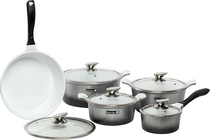 Hercules by Mundial 10-Piece Nonstick Ceramic Cookware Set – Non-Toxic Pots &amp Pans Induction Compatible Tempered Glass Lids Dishwasher Safe
