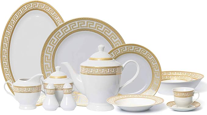 Euro Porcelain Vintage Gold 57 piece Dinnerware Dish Serving Set 'Greek Key Gold' - HQ Fine China Tableware Service for 8