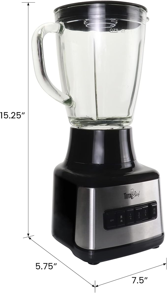 Total Chef Countertop Blender – Electric Mixer for Smoothies Ice Crush &amp Pulse Function Heavy Duty Glass Pitcher licuadora With 6 Speed Kitchen Appliance Dishwasher-Safe Jar Black