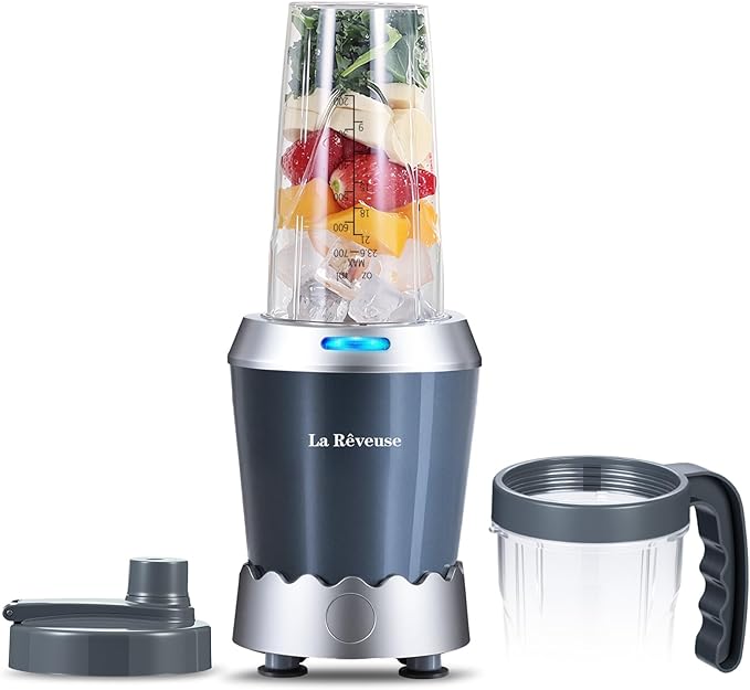 La Reveuse Personal Size Smoothie Blender Pro 1000W High Speed with 24oz To-Go Cup Ideal for SmoothiesProtein Shakes Frozen Drinks Food Prep Gray