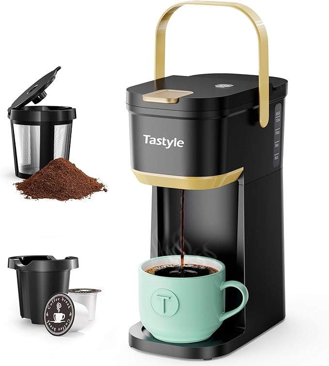 Single Serve One Cup Coffee Maker for K Cups and Grounds Mini Coffee Maker with Portable Handle 6 to 12 Oz Brew Size for Travel Camping Office RV and Dorm 120V Black and Gold