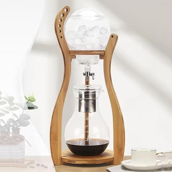 Wooden Support Drip Coffee Maker 800ML/27OZ Iced Coffee Brewer Maker with Stainless Steel Filter &amp Durable Glass Adjustable Water Flow Dripper 6-8 Cup Capacity Suit for Coffee Tea