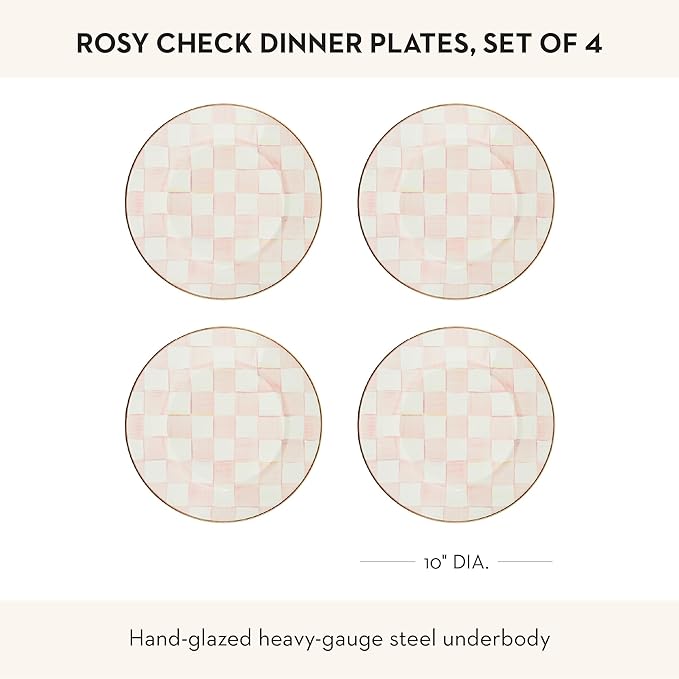 MACKENZIE-CHILDS Enamel Dinner Plate Decorative Dinnerware Plate 10 Inches Set of 4 Pink-and-White Rosy Check