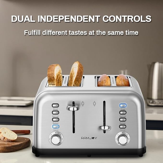 Toaster 4 Slice Dual Independent Controls Extra Wide Slot Toasters for Bagel Bread Waffles 7 Shade Settings 4 Main Functions Removable Crumb Tray 1500 Watts Brushed Stainless Steel