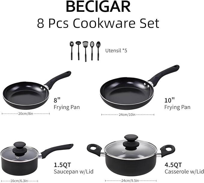 8pcs Black Ceramic Pots and Pans Set Cooking Pan SetCooking Pot Set Ceramic Pan Set Nonstick Cookware Set Induction Safe Kitchen Cooking Set with Frying Pans Saucepans shovel and Ladle