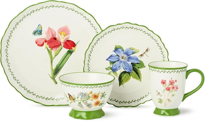 Mirabella 16-Piece Ceramic DINNERWARE SET SERVICE for FOUR with Artistic Floral Dinner Plates Salad Plates Mugs and Ice Cream Bowls Vibrant European-Inspired Tableware for Everyday Meals
