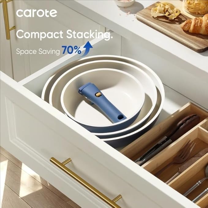 5 Pcs Pots and Pans Non-Stick Coating Oven Safe Stackable Kitchen Cooking Set Navy Blue Induction Ready Cookware Set with Detachable Handles