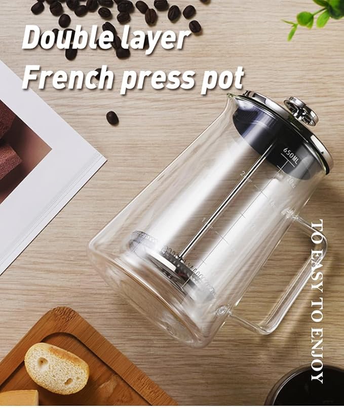 Vortex XLYTB650 Premium Double Layer French Press Coffee Maker - 650ml Heat Resistant Borosilicate Glass Pot Stainless Steel Plunger for 2-3 Cups Elegant Home Office Brew