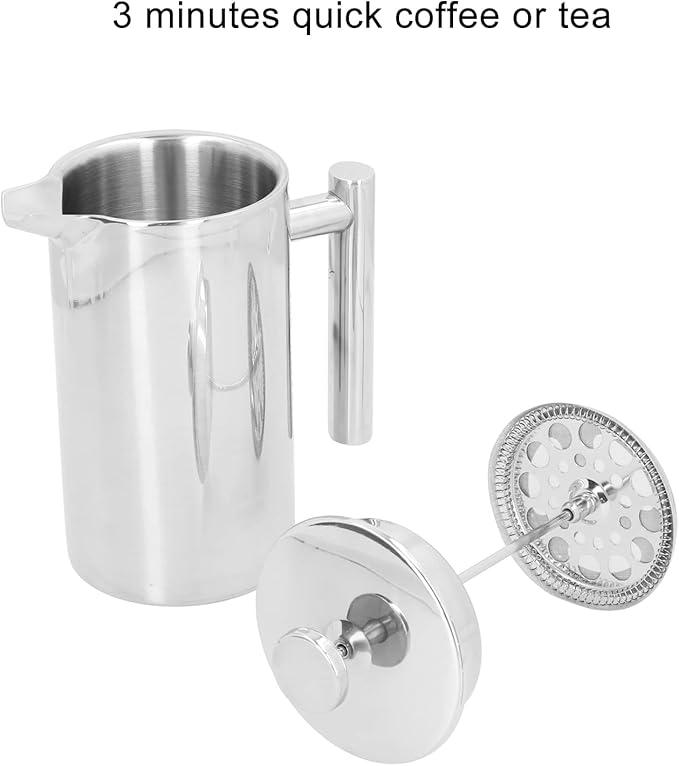 Pwshymi 1000ml Stainless Steel Coffee Press Pot Double Layer Insulated Hand Brewing Coffee Maker with Fine Filter Screen Anti Scalding Handle for Home Hotel