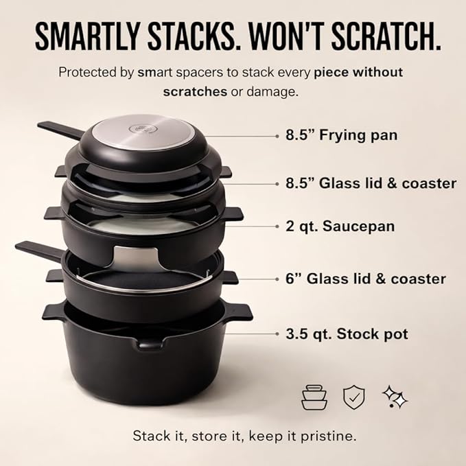 Alva Neat Black 5-Piece Nonstick Ceramic Cookware Set – Lightweight Nonstick Cookware Set – Easy to Store – Induction &amp Oven Safe Made Without PFAS PTFE PFOA – Non Stick Pots and Pan Set