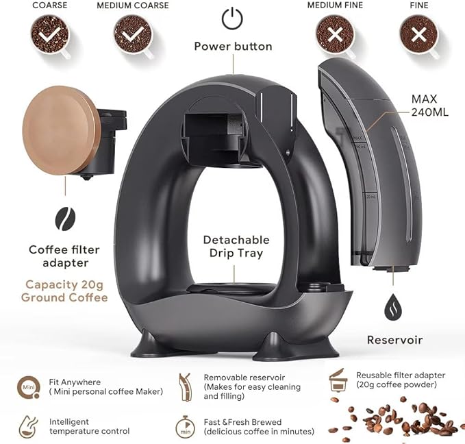 Portable Drip Coffee Maker Single-Serve Coffee Maker 85 °C Constant Temperature 20S Fast Heating Extraction 240ml Removable Water Tank for Office Home ChampagneGold-Powdered