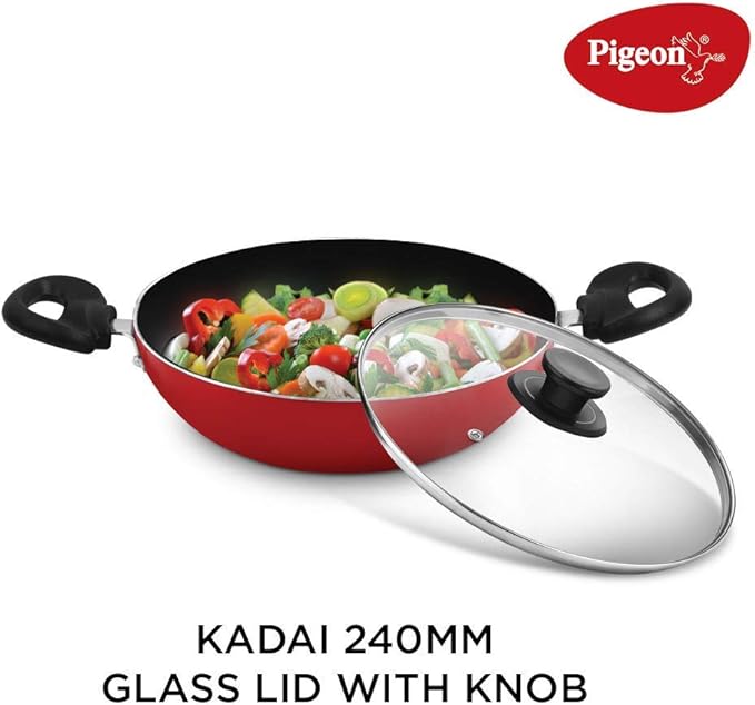 Pigeon Mio Nonstick Aluminium Cookware Gift Set 8 Pieces Includes Flat Tawa Fry Pan Kadai with Glass Lid Kitchen Tools Red Non Induction Base