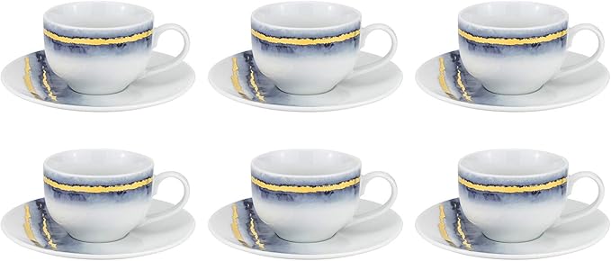 Euro Porcelain 12-pc Coffee Tea Cup Espresso Set Fine Marble China Tableware with 24k Gold Plate Accent (Blue w/gold 12-pc Espresso)