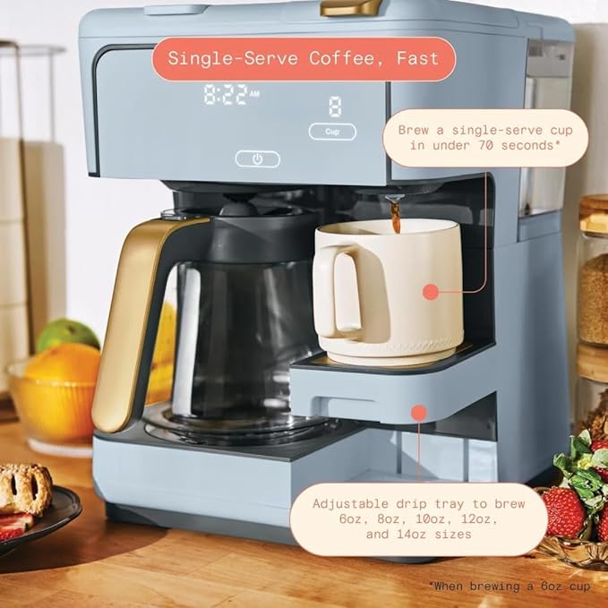 Beautiful Multi-Brew Commercial-Grade 12-Cup &amp Single-Serve Coffee Maker with Over Ice Option for Business and Personal Use by Drew Barrymore (Cornflower Blue)