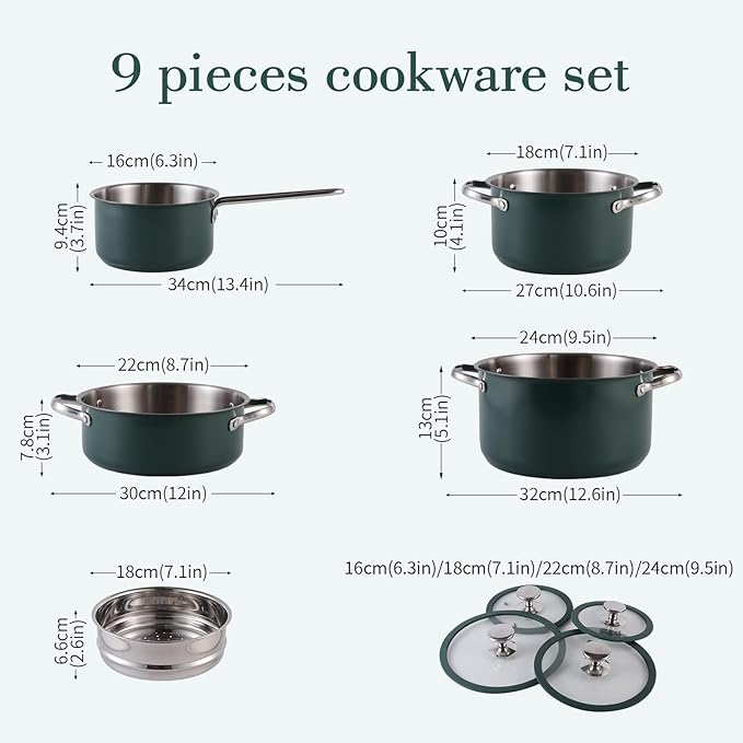 9pcs 304 Stainless Steel Cookware Set with Ceramic Coating – Nonstick Durable and Elegant Kitchen Pots with Glass Lids – Compatible with All Stovetops Easy to CleanGreen