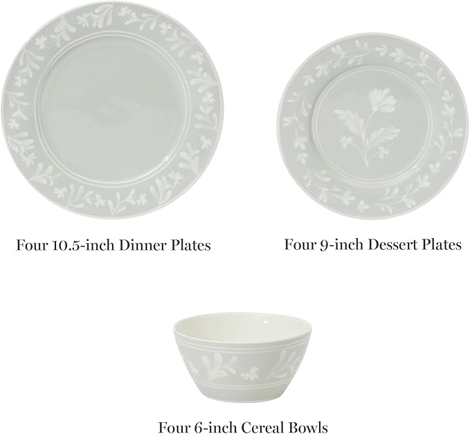 Martha Stewart Maiden Crown 12-Piece Sage Green Dinnerware Set – New Bone China Ceramic Plates &amp Bowls – Floral Design – Service for 4 – Microwave &amp Dishwasher Safe