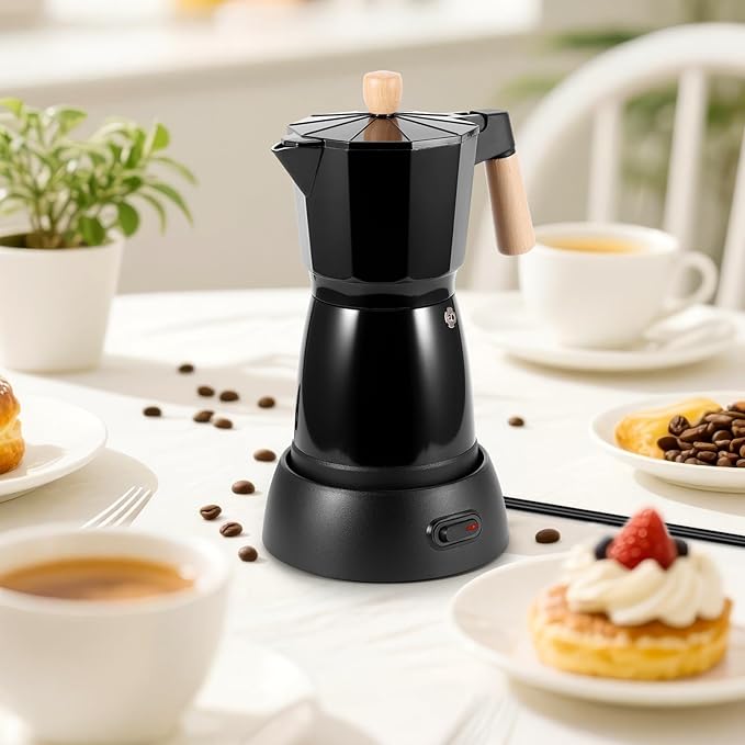 SHANGSKY Coffee Pot Electric Coffe Maker 6 Cup Espresso Coffee Maker Cafeteras Electricas Italian Coffee Pot Espresso Makers Portable Aluminum Electric Mocha Pots (Wooden HandleUS 3-pin Plug)