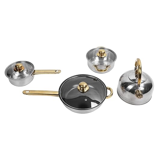 Pots and Pans SetPremium Stainless Steel Cookware Set - Proof and Stick Proof Pan and Pot Set with Gold Handles and Kettle - Ideal for Home Kitchens and Restaurants (Gold Handle with Kettle)