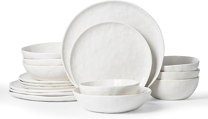 Famiware Porcelain kitchen plates and bowls set Modern dishes set for 4 Handmade Wave Edge Dinnerware Sets Microwave and Dishwasher Safe Tableware Polar White (16pc)