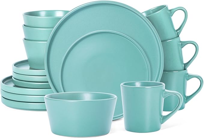 Plates and Bowls Sets for 4 - CJDC-QUELO 16 Piece Stoneware Dinnerware Sets with Mugs Ceramic Dishware Sets for Kitchen Dining Use Chip and Scratch Resistant Microwave Dishwasher Safe Green